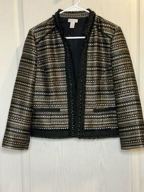 Woven Metallic Stripe Open-Front Jacket - Black & Gold with chain detail